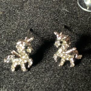 Cute Silver Unicorn Stud Earrings White Stones Black stone for eye